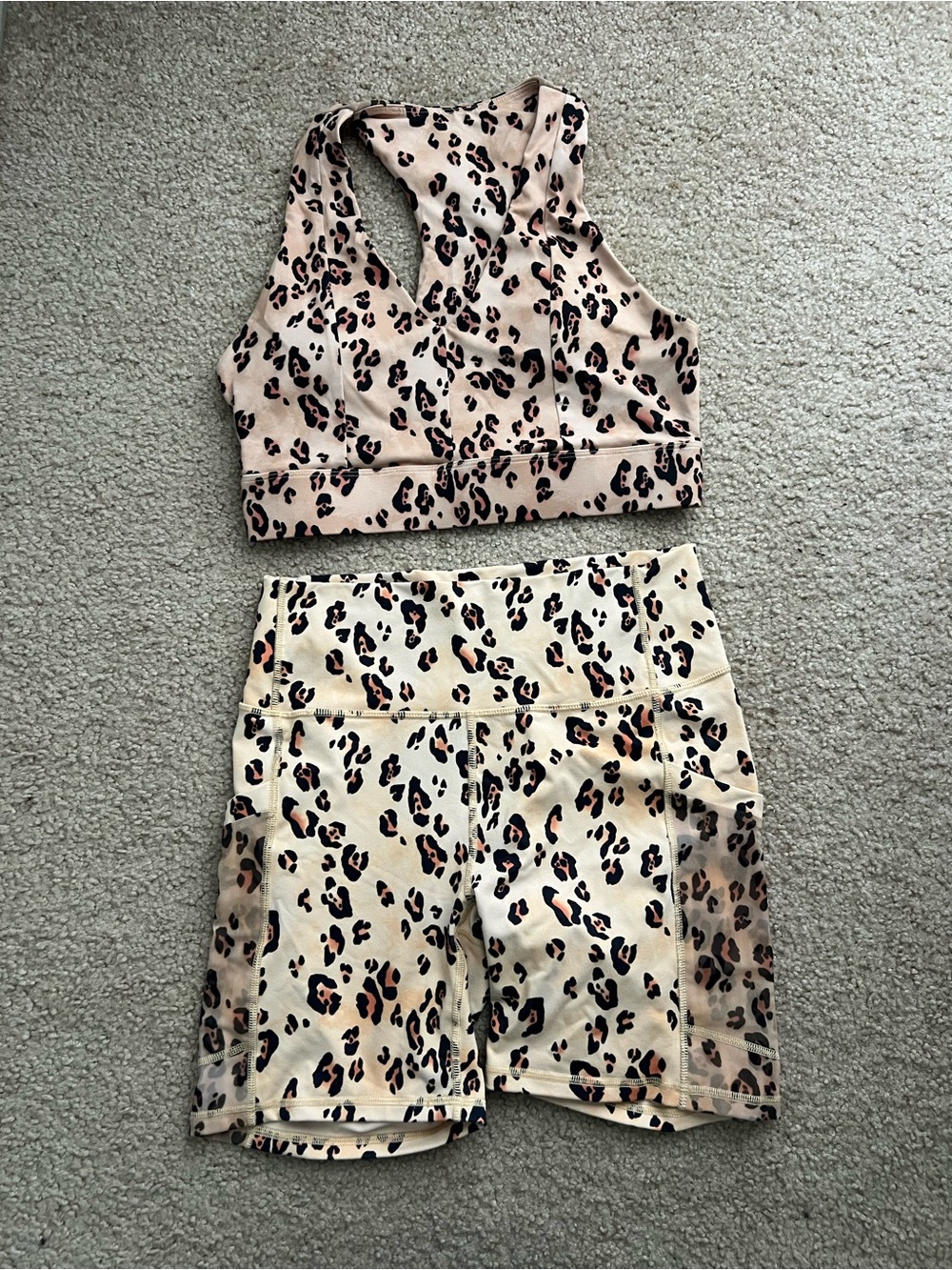 Fabletics Blush and Cream Leopard Print Sports Bra & Bike Shorts Set
